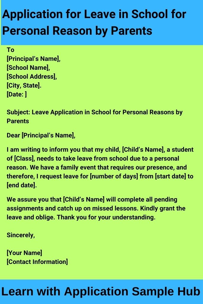 Application for Leave in School for Personal Reason by Parents