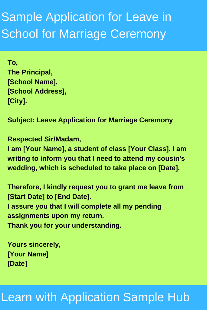 Sample Application for Leave in School for Marriage Ceremony