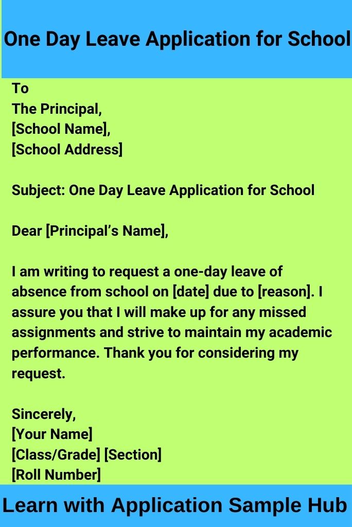 One Day Leave Application for School Teacher to Principal