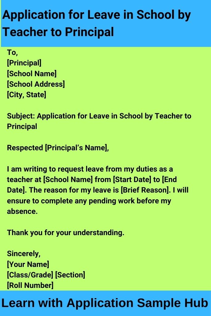 Application for Leave in School by Teacher to Principal