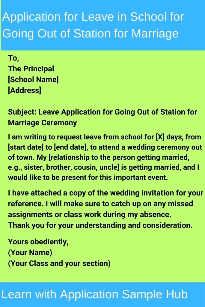 Application for Leave in School for Going Out of Station for Marriage