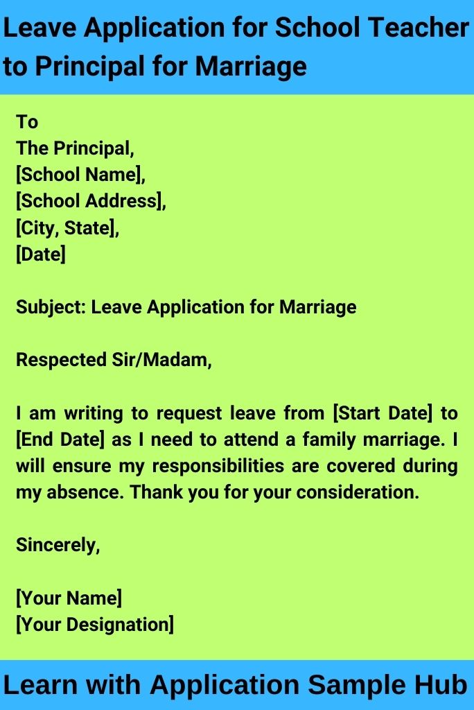 Leave Application for School Teacher to Principal for Marriage