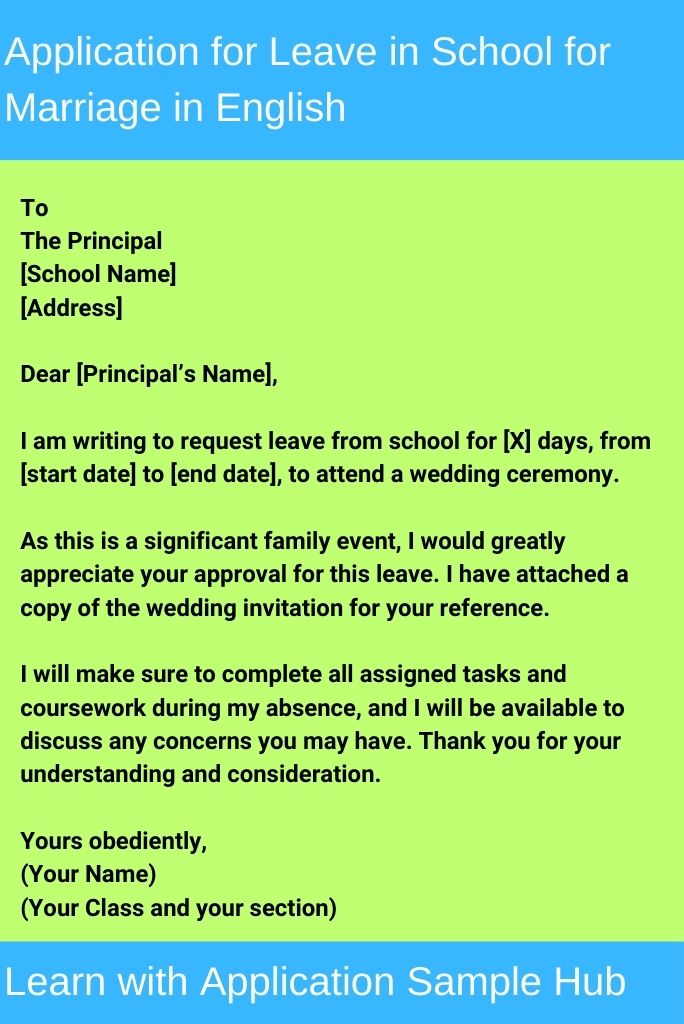 Application for Leave in School for Marriage in English