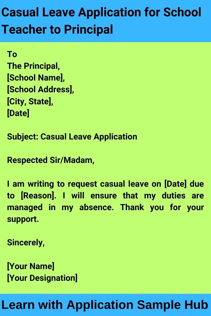 Casual Leave Application for School Teacher to Principal