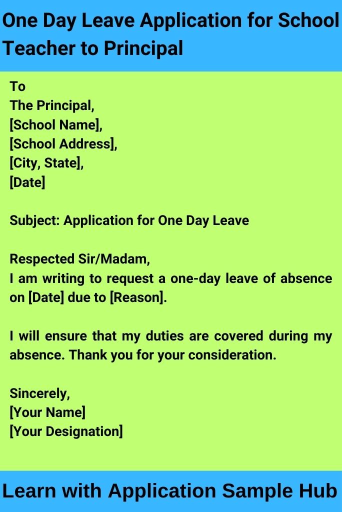 One Day Leave Application for School Teacher to Principal