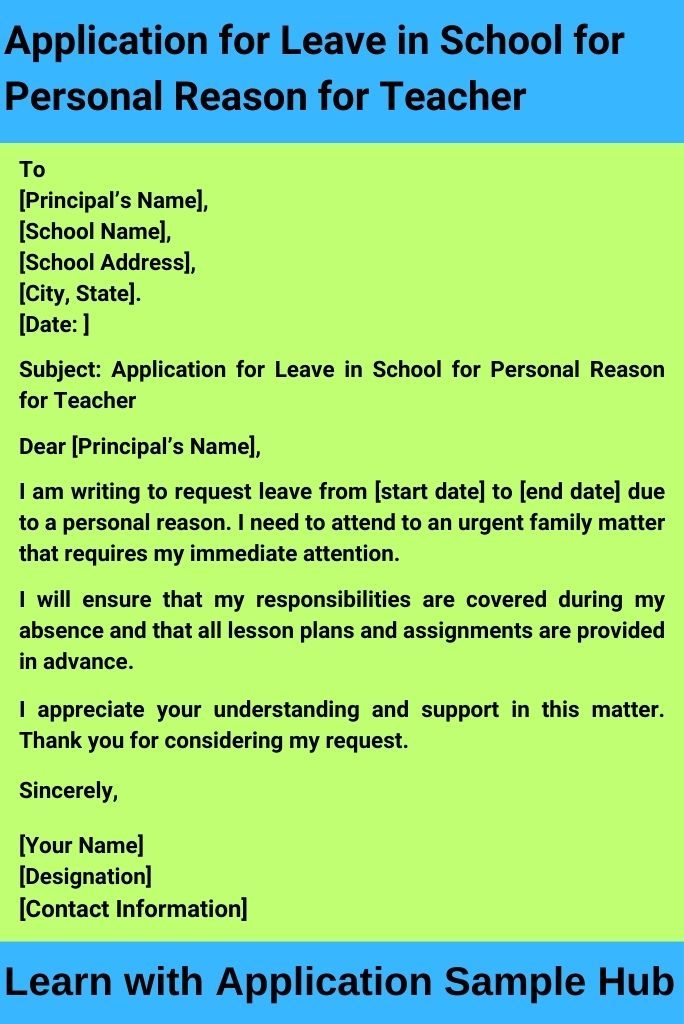 Application for Leave in School for Personal Reason for Teacher