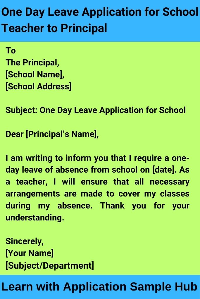 One Day Leave Application for School Teacher to Principal