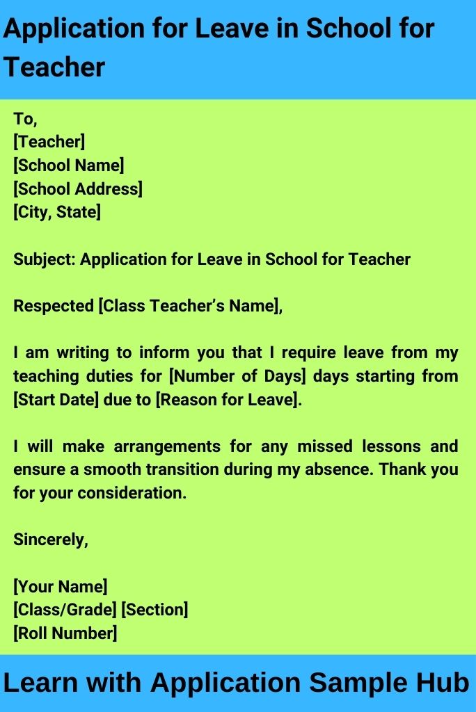 Application for Leave in School for Teacher