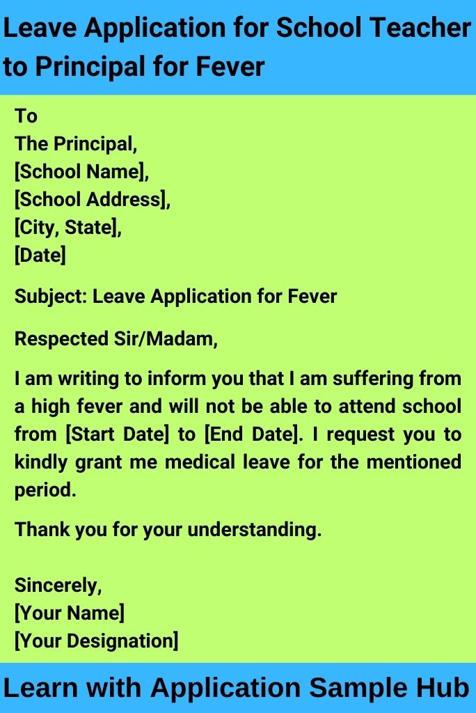 Leave Application for School Teacher to Principal for Fever