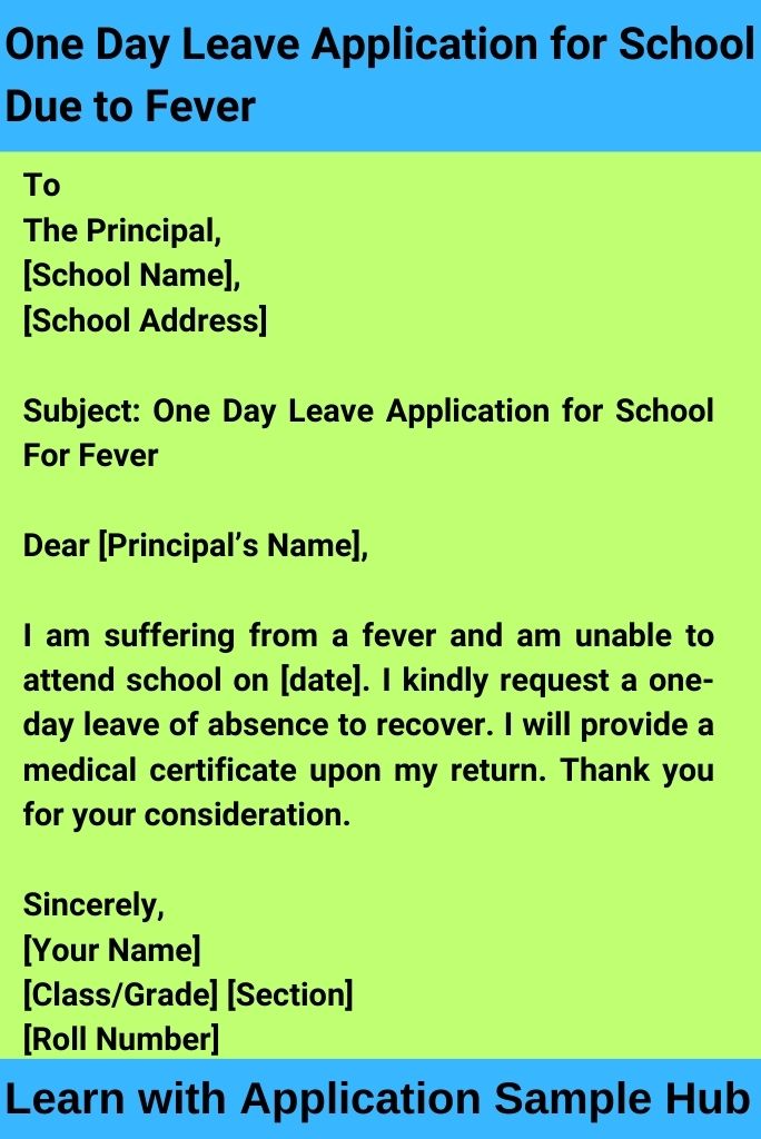 One Day Leave Application for School Due to Fever