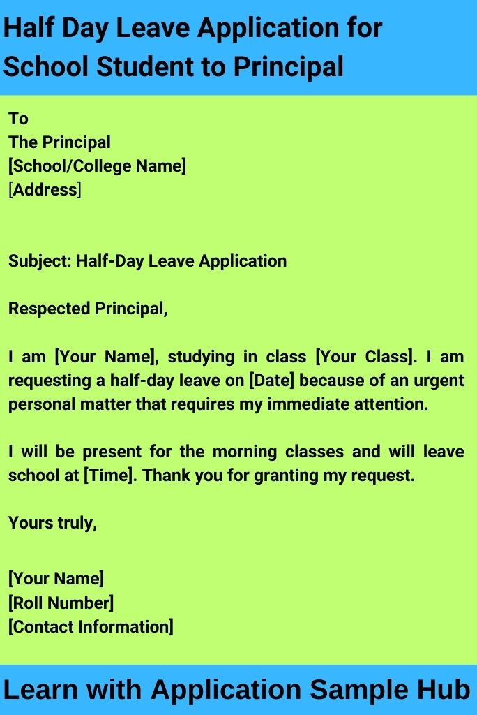 Half Day Leave Application for School Student to Principal