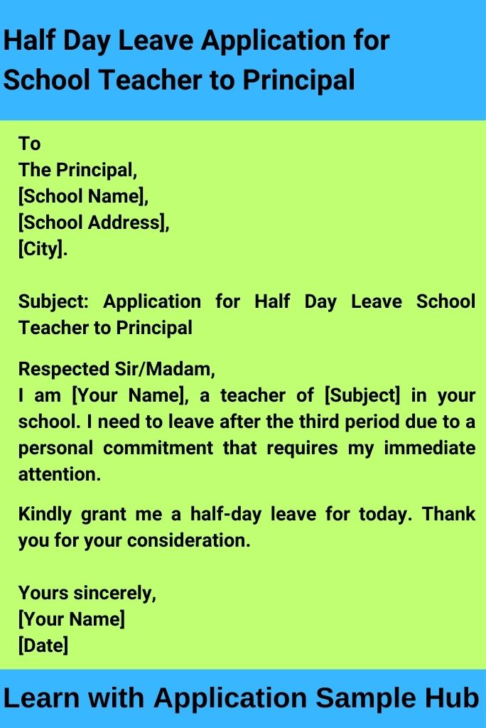 Half Day Leave Application for School Teacher to Principal