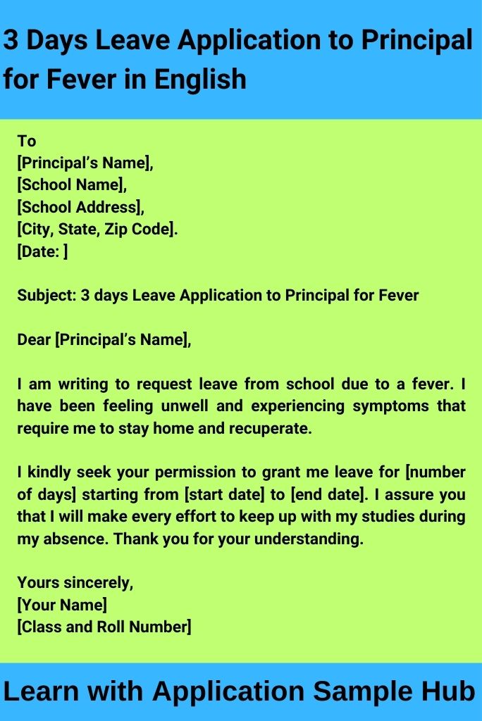 3 Days Leave Application to Principal for Fever in English