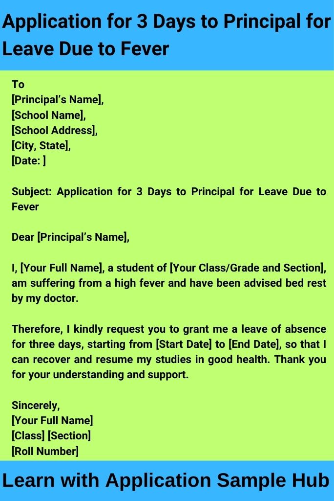 Application for 3 Days to Principal for Leave Due to Fever