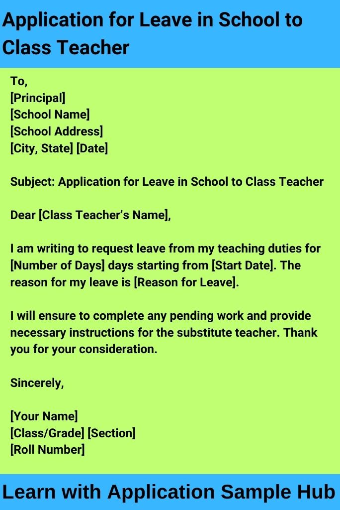 Application for Leave in School to Class Teacher