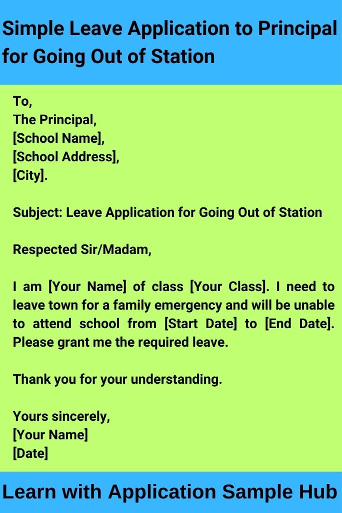 Simple Leave Application to Principal for Going Out of Station