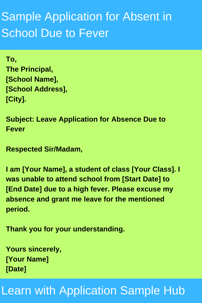 Sample Application for Absent in School Due to Fever