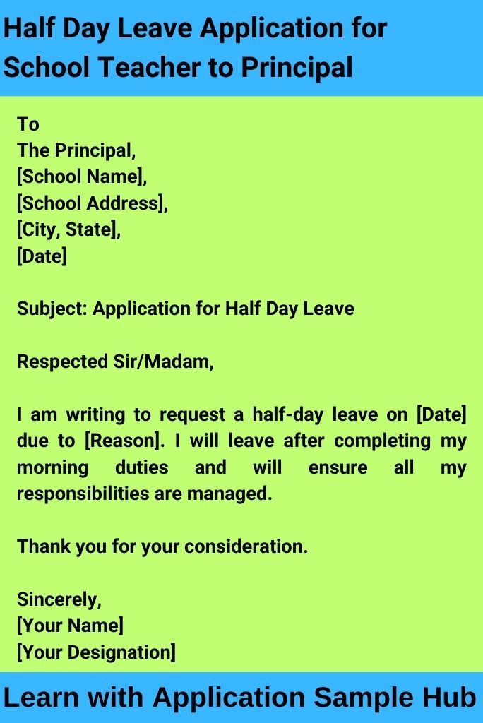 Half Day Leave Application for School Teacher to Principal