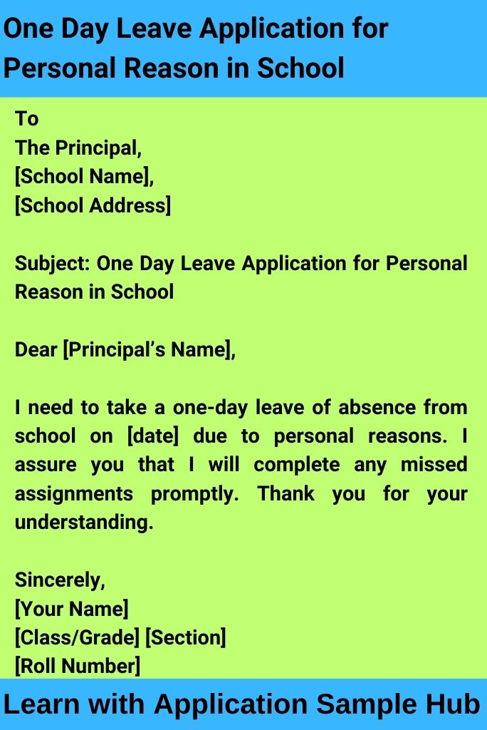 One Day Leave Application for Personal Reason in School