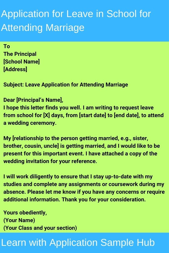 Application for Leave in School for Marriage Function