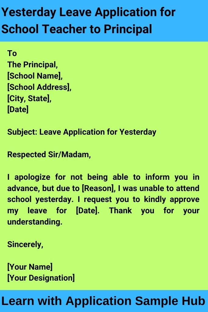 Yesterday Leave Application for School Teacher to Principal