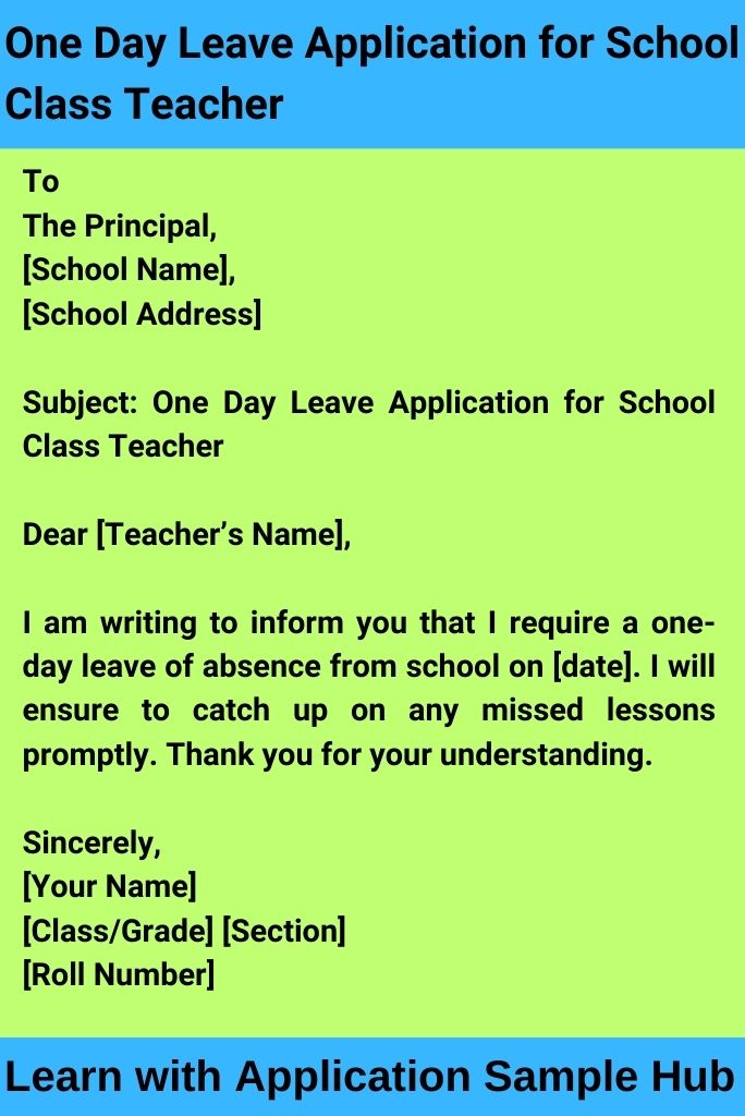 One Day Leave Application for School Class Teacher