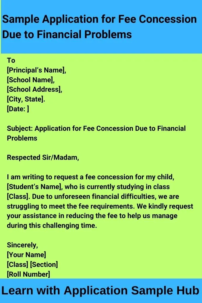 Sample Application for Fee Concession Due to Financial Problems