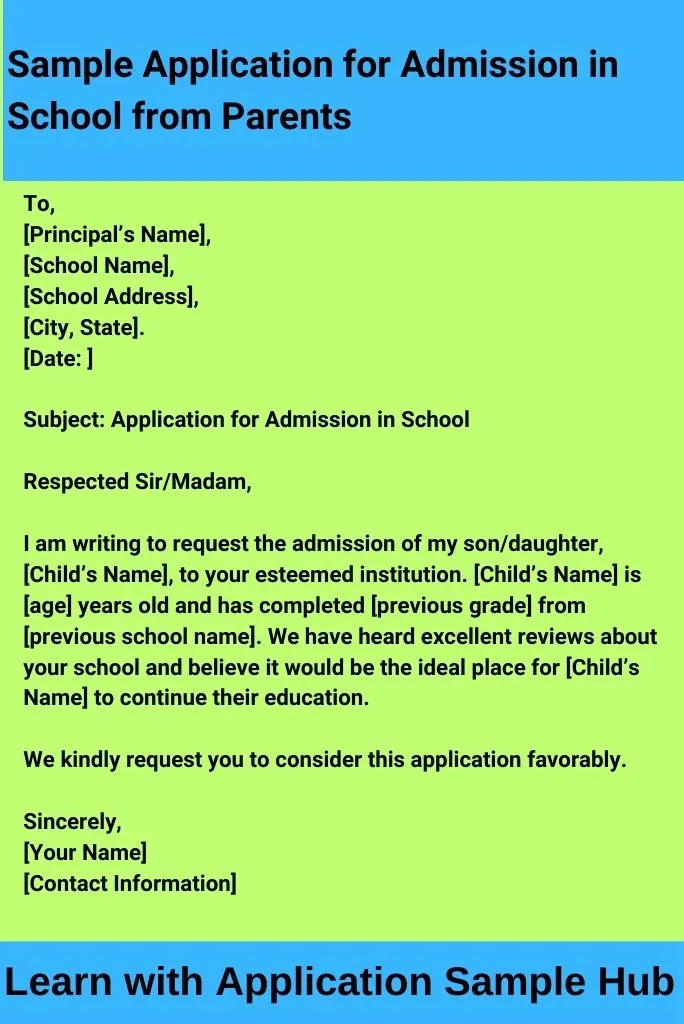 Sample Application for Admission in School from Parents