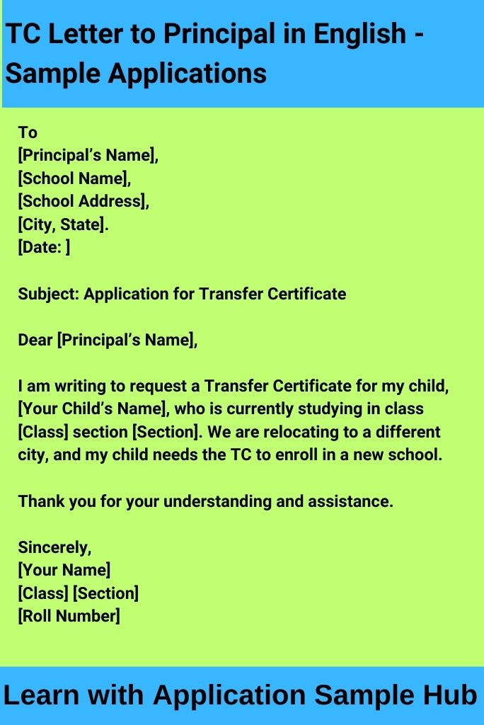 TC Letter to Principal in English -Sample Applications