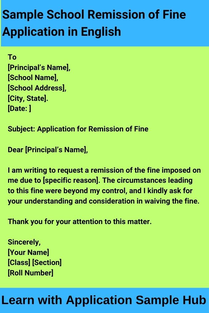 Sample School Remission of Fine Application in English