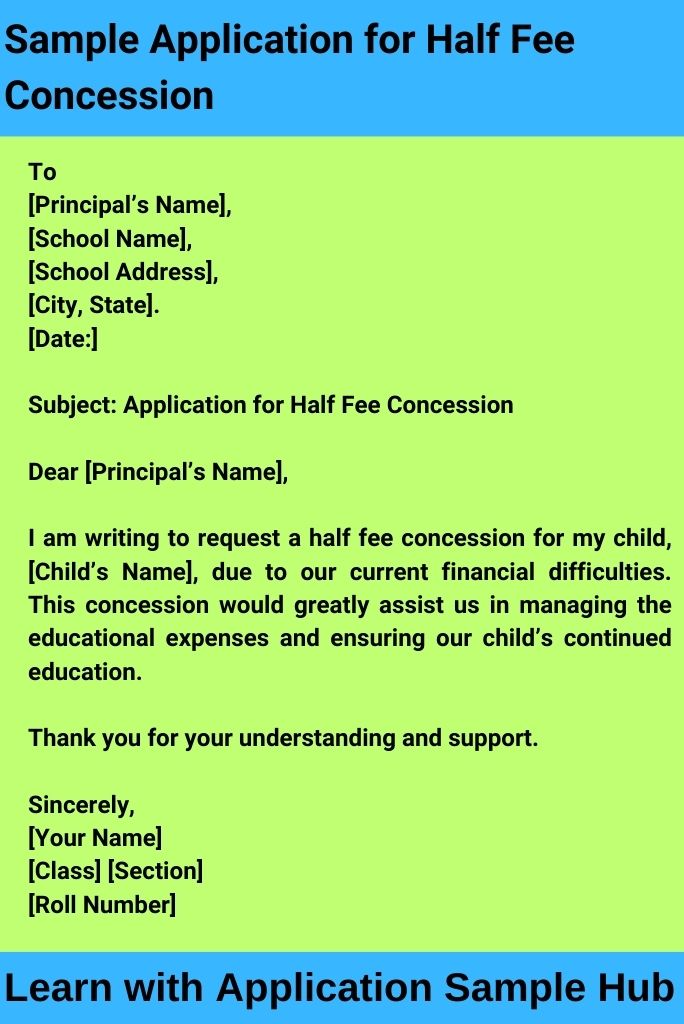 Sample Application for Half Fee Concession