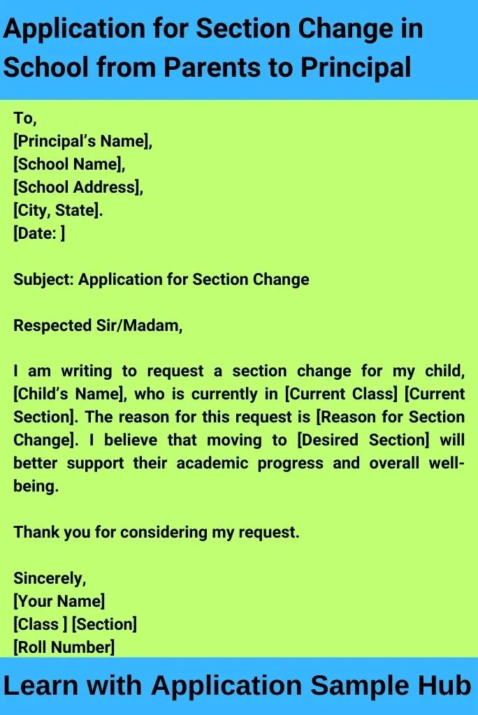 Application for Section Change in School from Parents to Principal