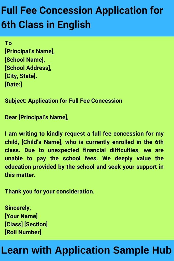 Full Fee Concession Application for 6th Class in English