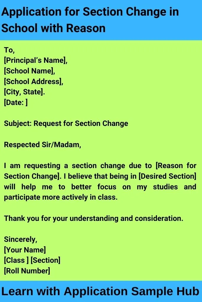 Application for Section Change in School with Reason