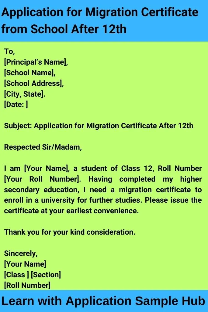 Application for Migration Certificate from School After 12th