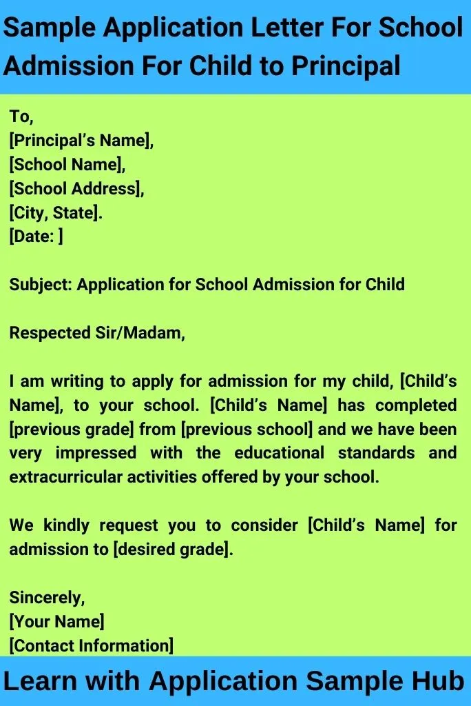 Sample Application Letter For School Admission For Child to Principal