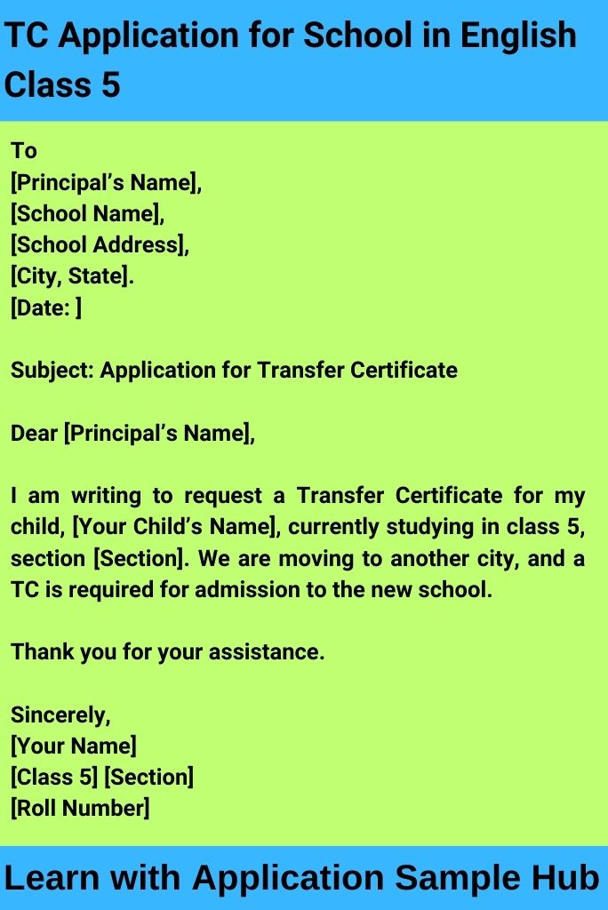 TC Application for School in English Class 5