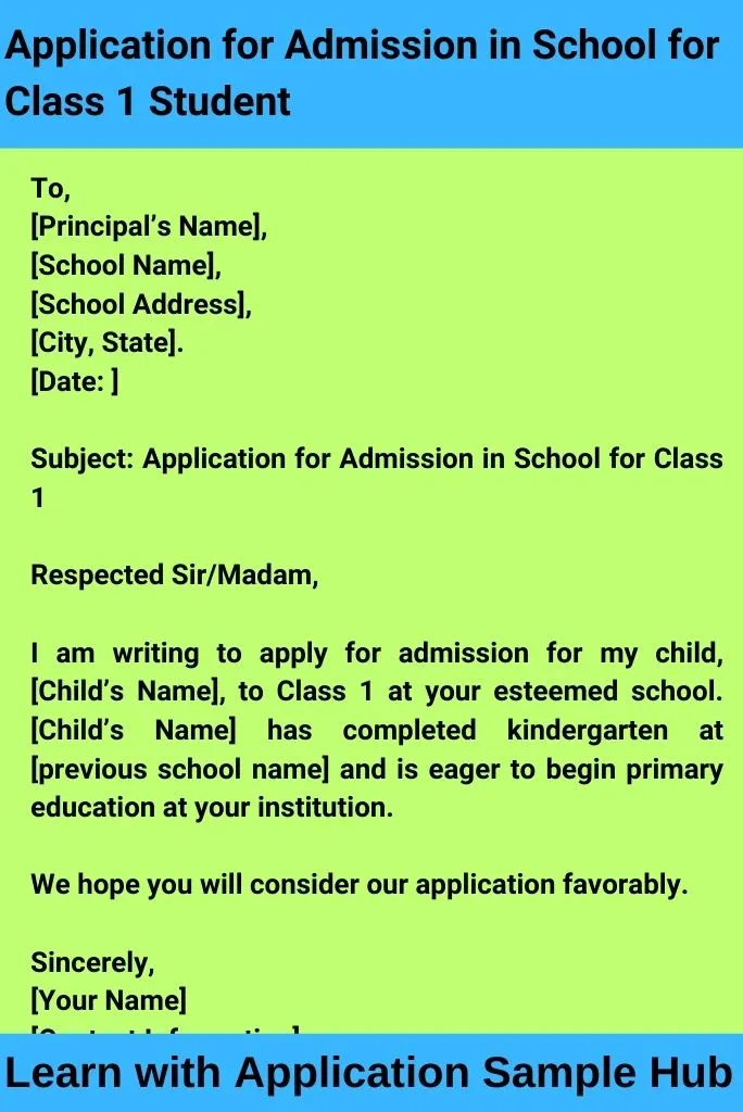 Application for Admission in School for Class 1 Student