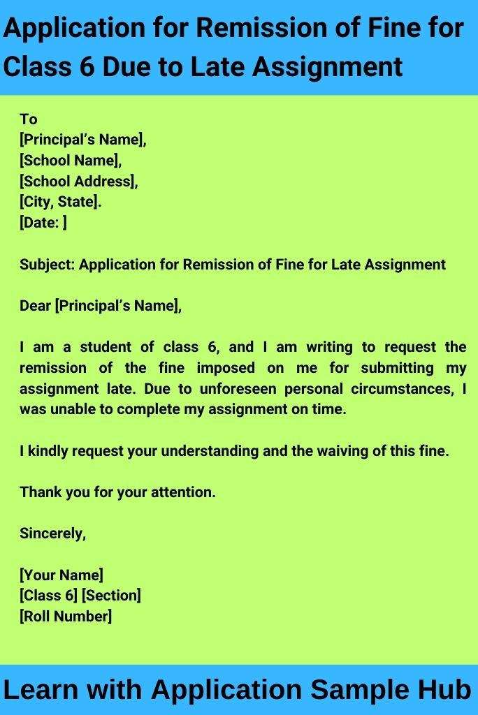 Application for Remission of Fine for Class 6 Due to Late Assignment