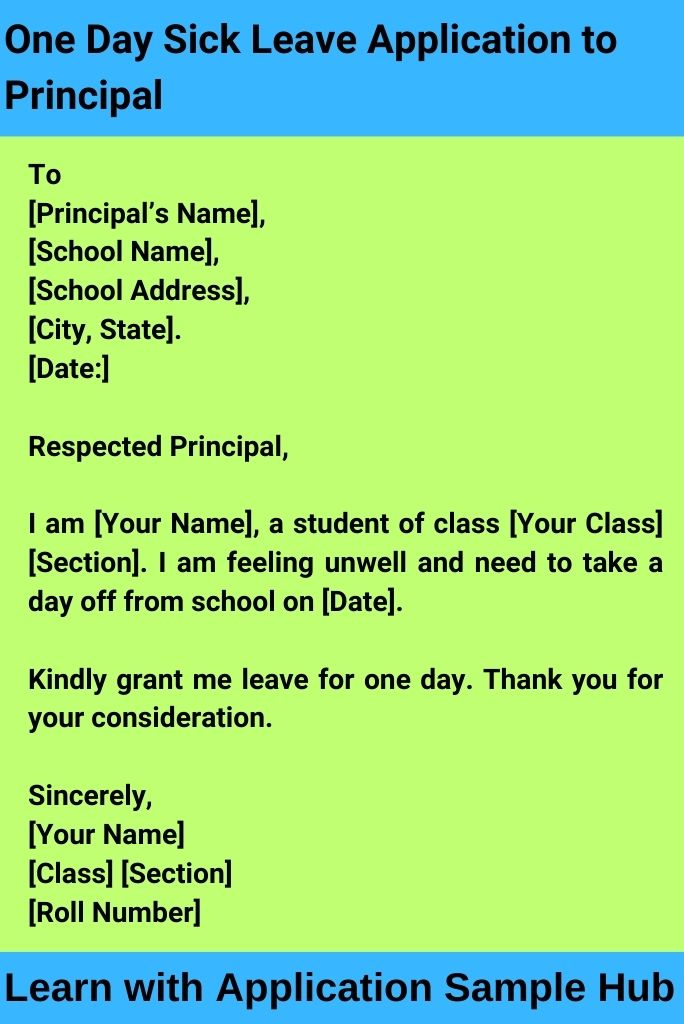 One Day Sick Leave Application to Principal