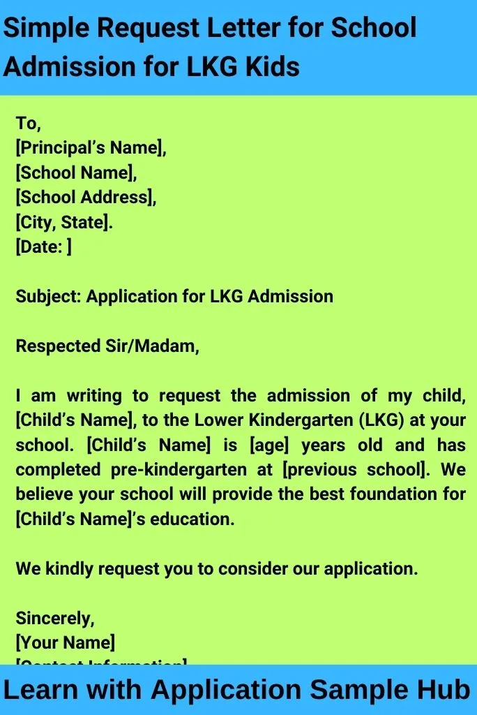 Simple Request Letter for School Admission for LKG Kids