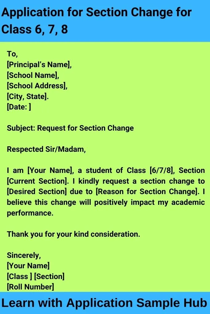 Application for Section Change for Class 6, 7, 8