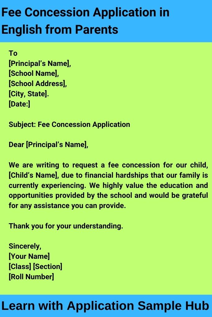 Fee Concession Application in English from Parents