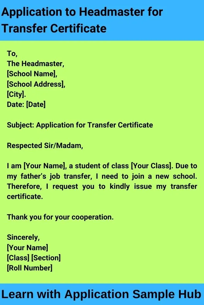 Application to Headmaster for Transfer Certificate