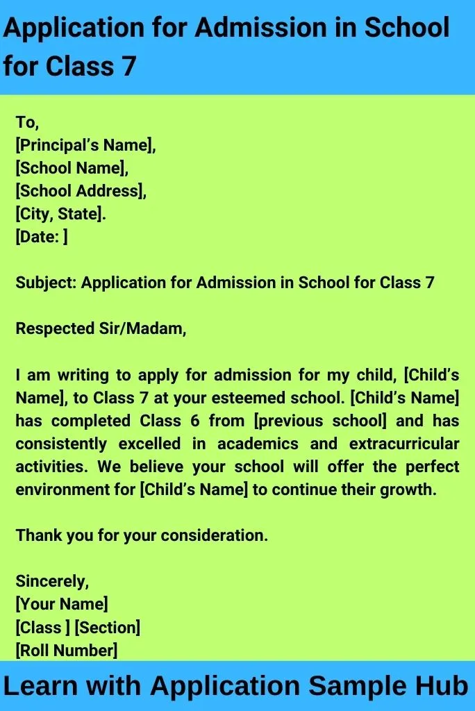 Application for Admission in School for Class 7