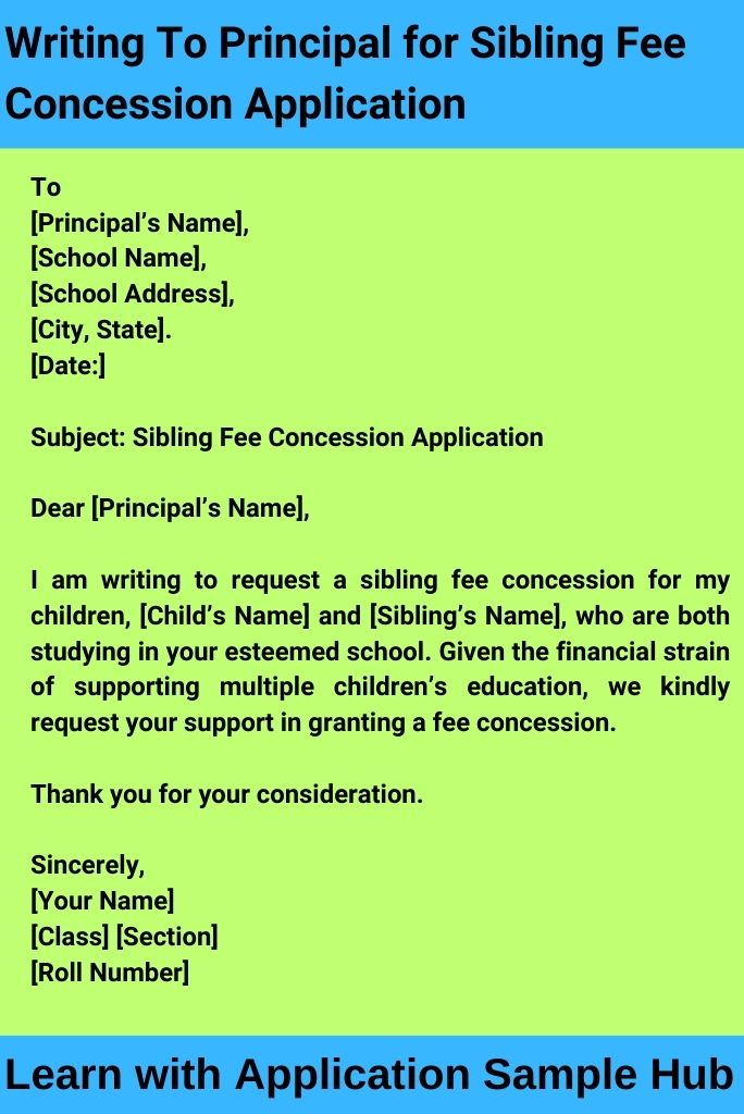 Writing To Principal for Sibling Fee Concession Application