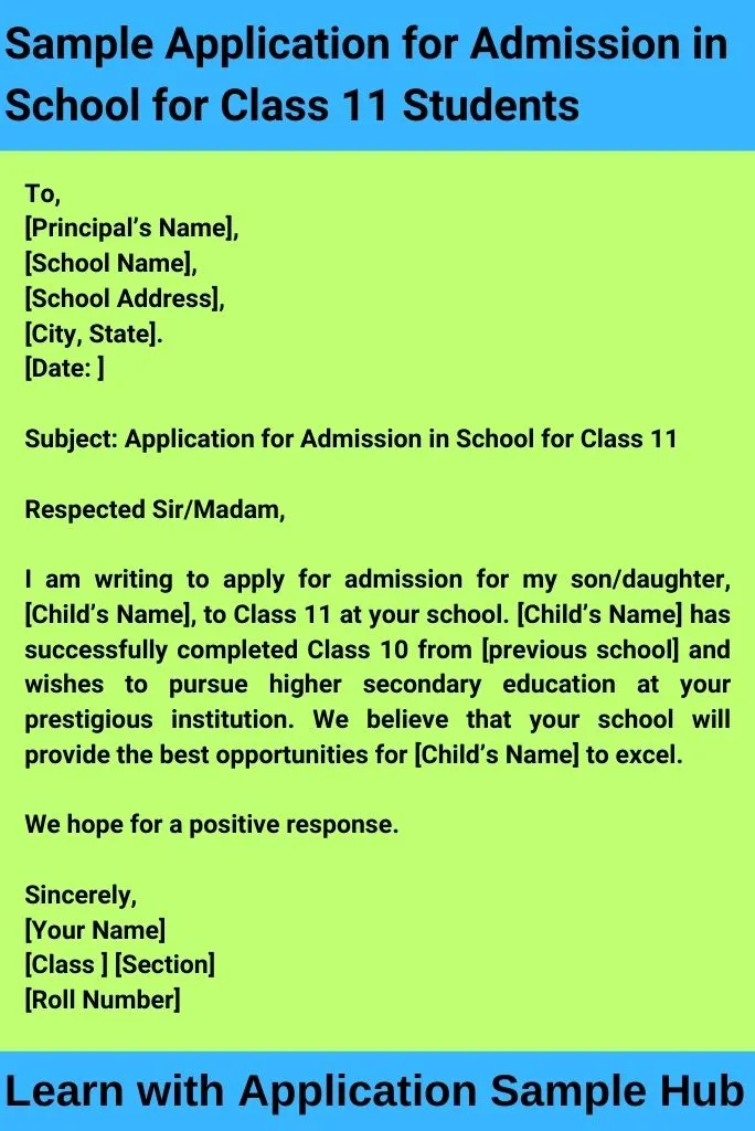 Sample Application for Admission in School for Class 11 Students