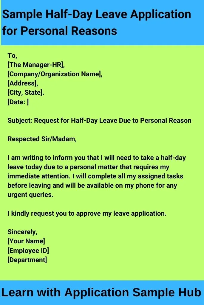 Sample Half-Day Leave Application for Personal Reasons