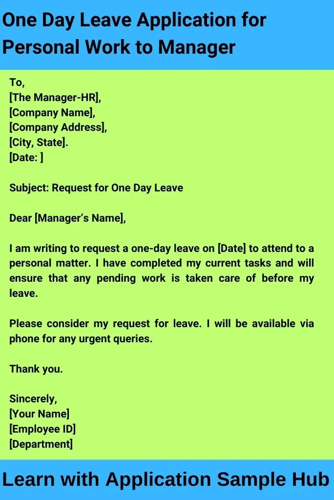 One Day Leave Application for Personal Work to Manager