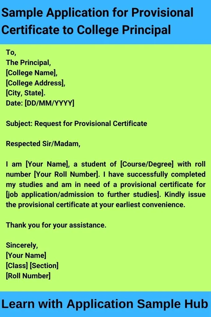 Sample Application for Provisional Certificate to College Principal